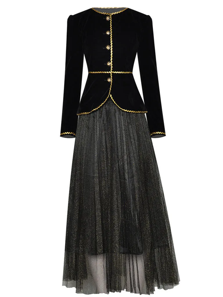 2PS Black With Golden Embroidered Edges 1950S Vintage Classic Top And Tulle Skirt Suit