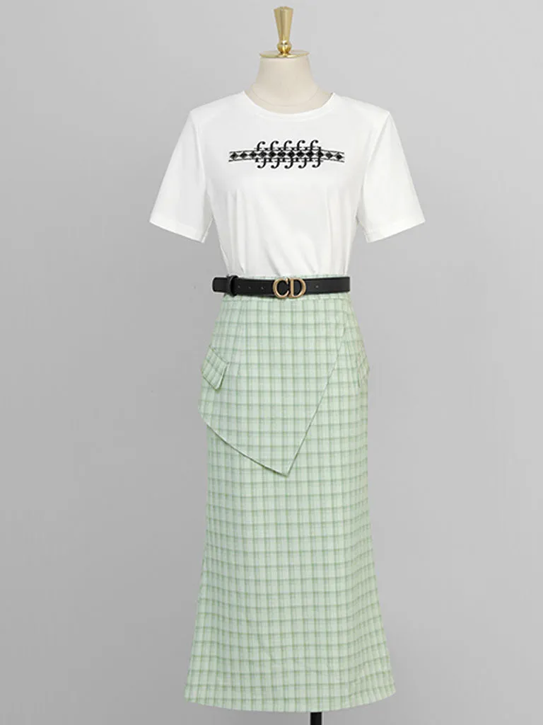 2PS White 1950S Vintage Classic Tshirt And Green Plaid Mermaid Skirt