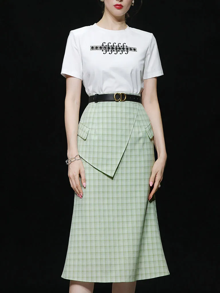 2PS White 1950S Vintage Classic Tshirt And Green Plaid Mermaid Skirt