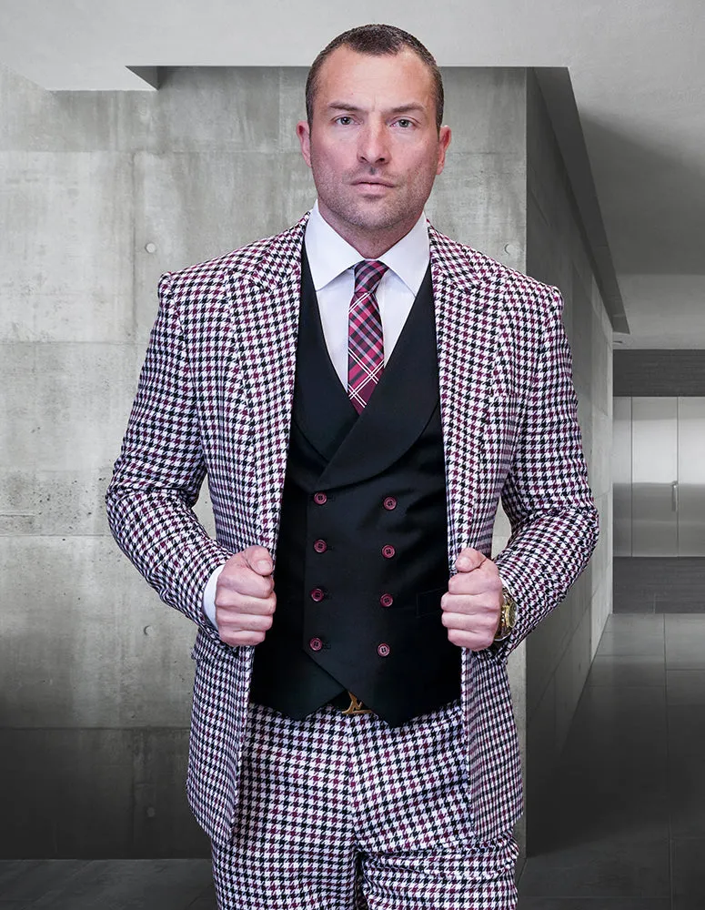 3pc Plaid Suit With Solid Color Contrast Double Breasted Vest. Super 180\'s Italian Wool Fabric. Modern Fit Flat Front Pants| MASIMO| Burgundy