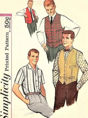 60s CLASSIC Gentlemens Shirt,Vest and Reversible Vest Pattern SIMPLICITY 4160 Short or Long Sleeved Shirt Chest 38 Vintage Mens Sewing Pattern