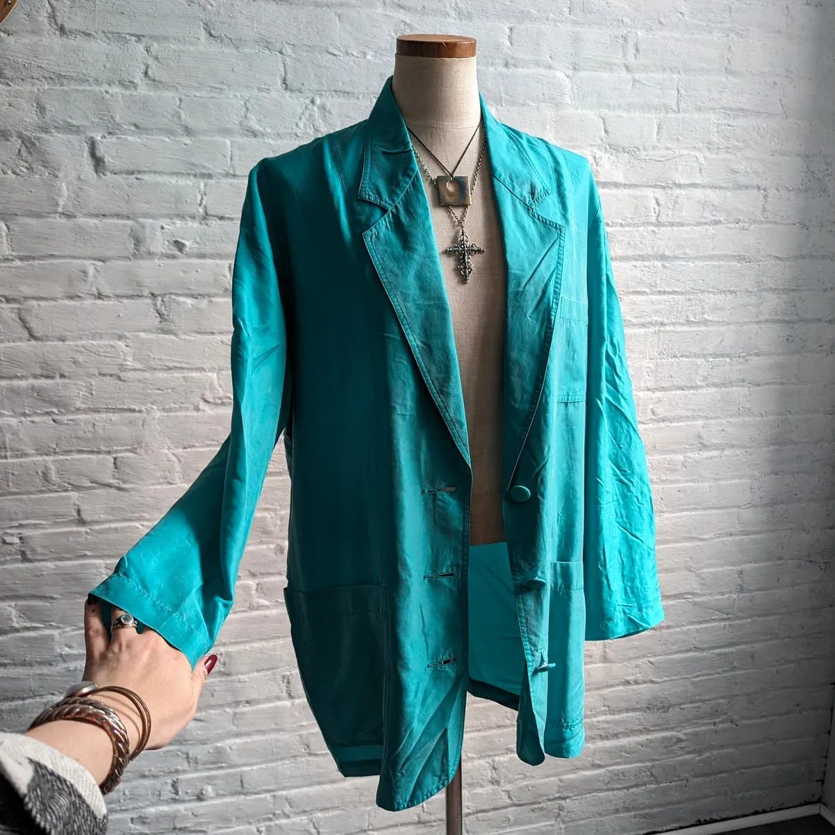 90s Vintage Blue Silk Romance Minimalist Duster Distressed Grunge Jacket Robe