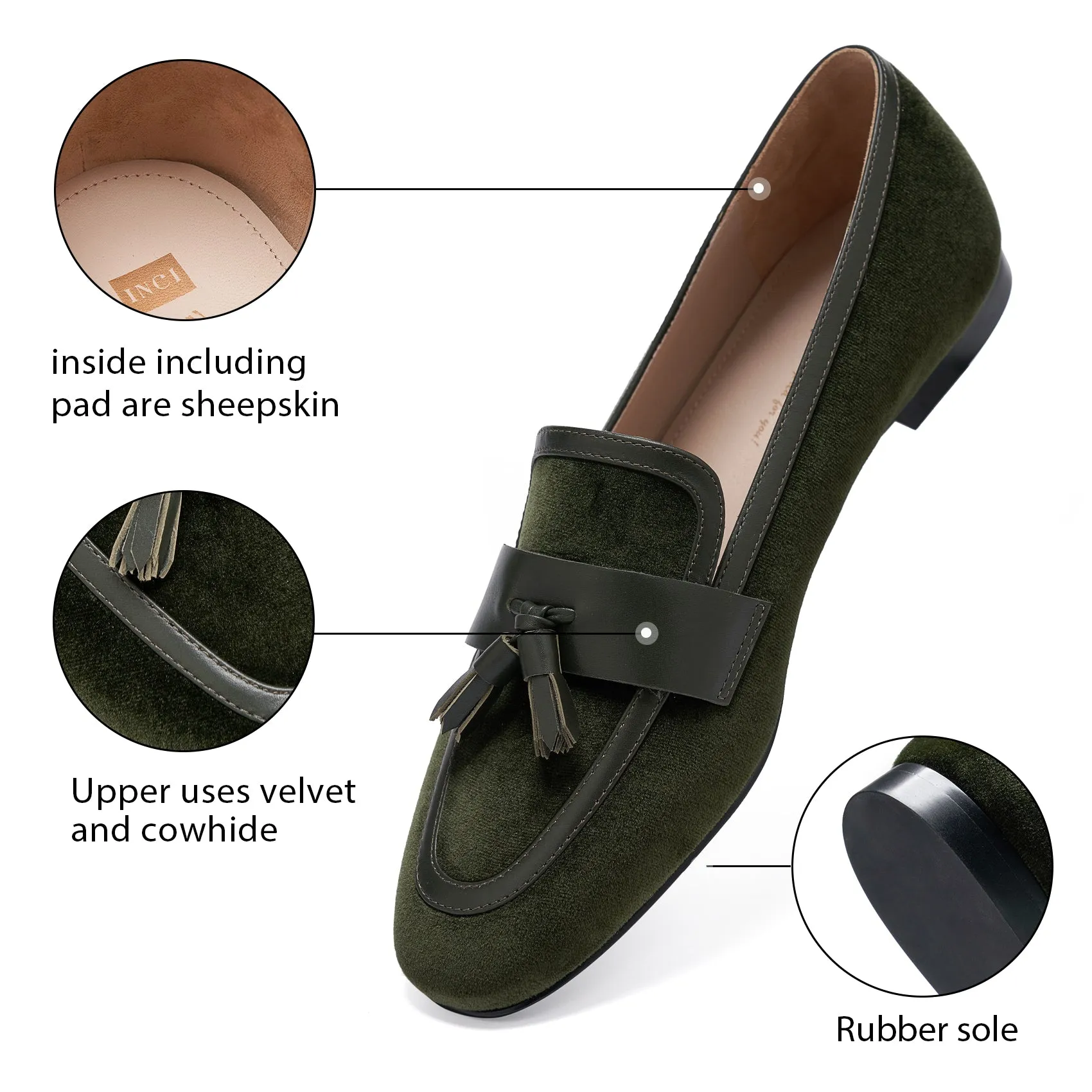 AiciBerllucci - Dark green velvet -Tassel- Women's Loafer Shoes Casual Leather Flat Shoes for Women Ladies