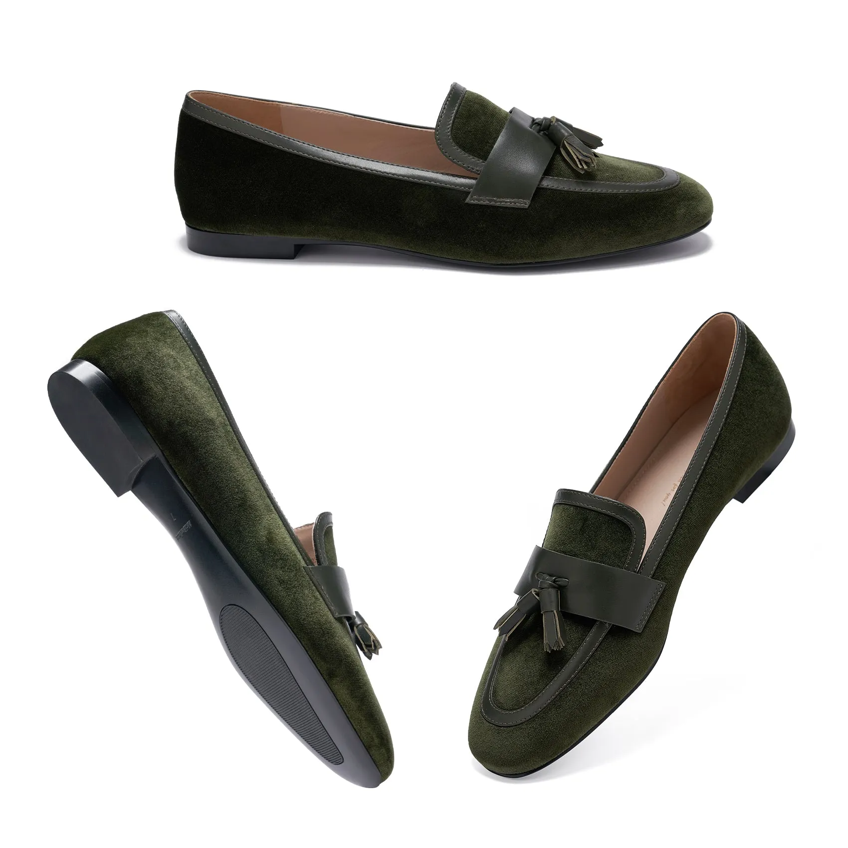 AiciBerllucci - Dark green velvet -Tassel- Women's Loafer Shoes Casual Leather Flat Shoes for Women Ladies