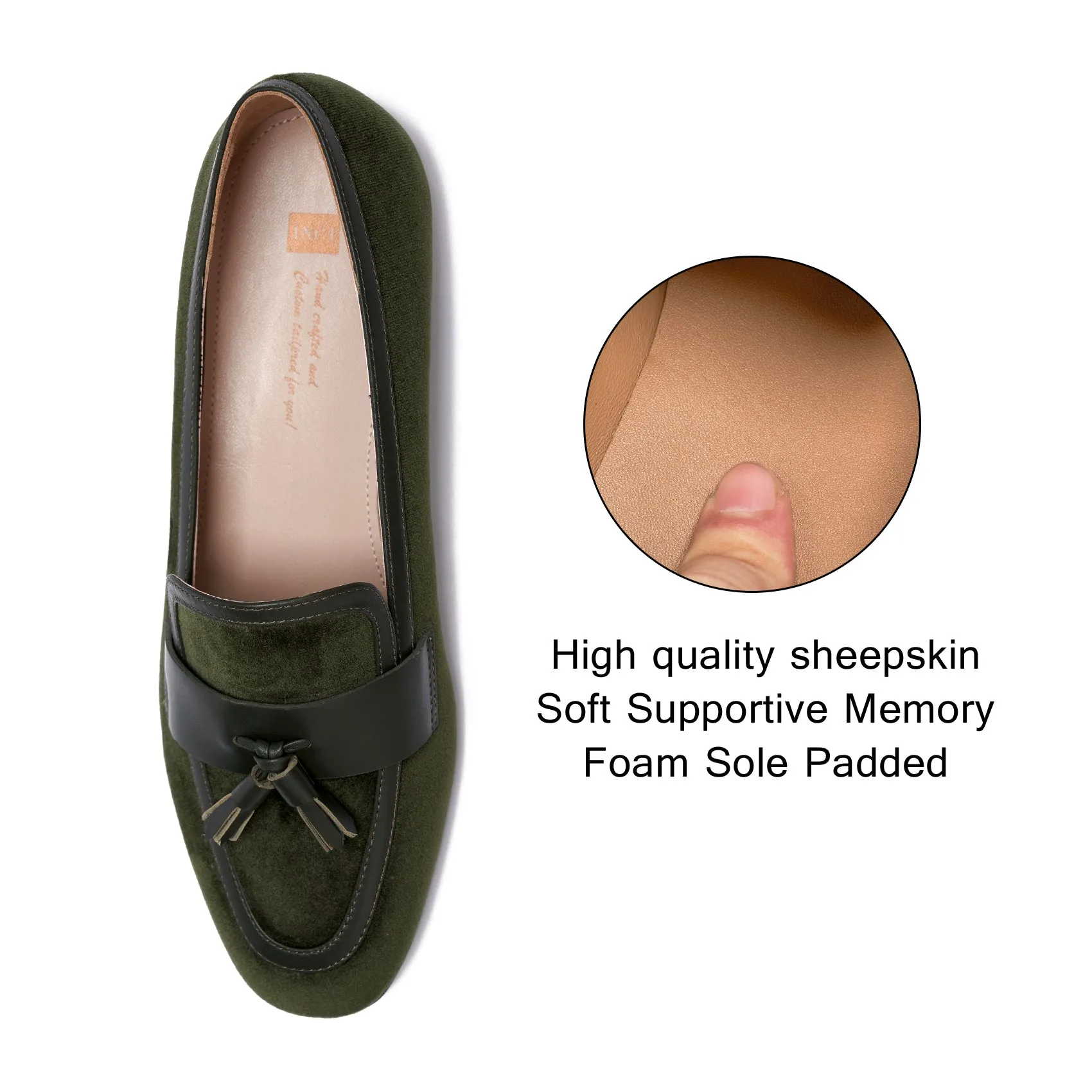 AiciBerllucci - Dark green velvet -Tassel- Women's Loafer Shoes Casual Leather Flat Shoes for Women Ladies