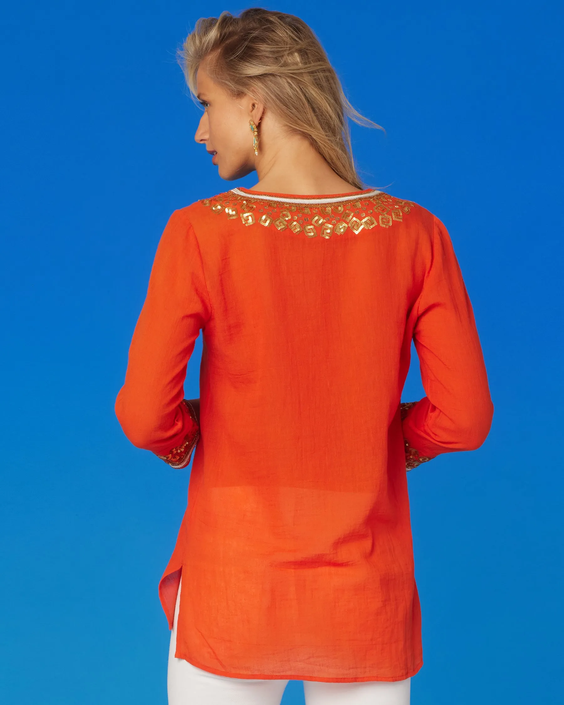 Alba Tunic in Coral Orange and Embellishment