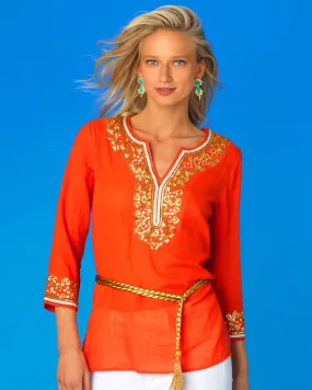 Alba Tunic in Coral Orange and Embellishment