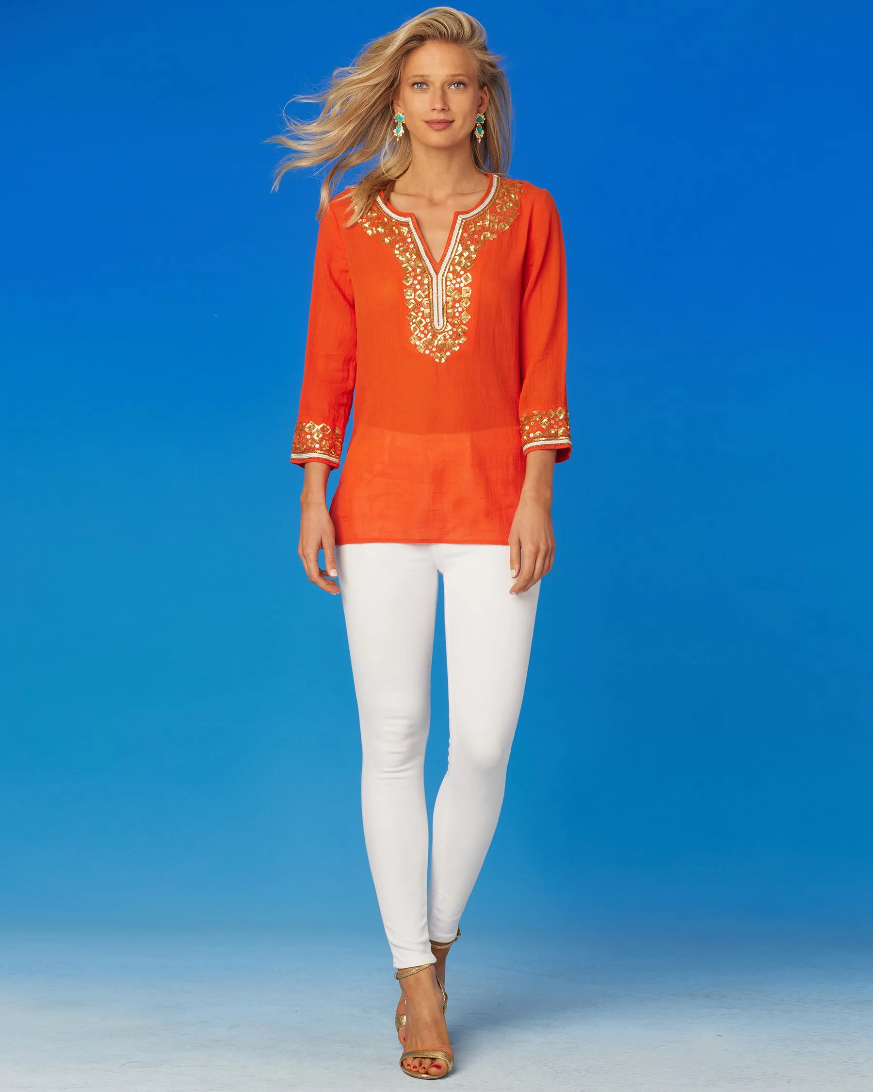 Alba Tunic in Coral Orange and Embellishment