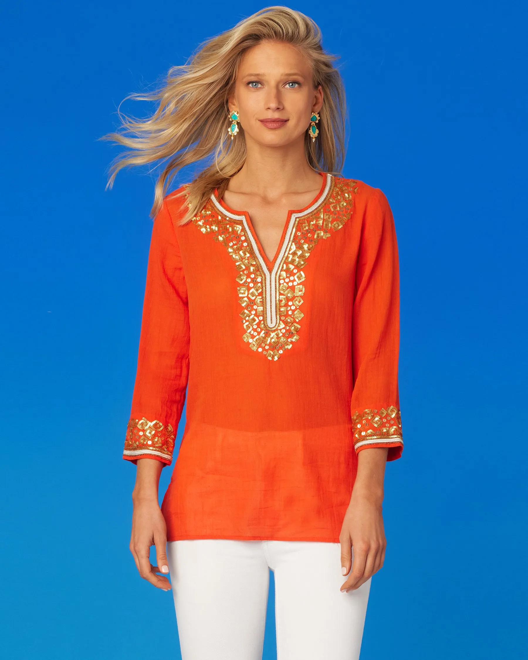 Alba Tunic in Coral Orange and Embellishment