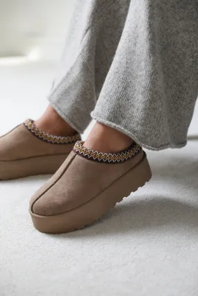 ALLEGRA FLATFORM EMBROIDERED LOW ANKLE SLIPPER BOOTS IN CAMEL SUEDE