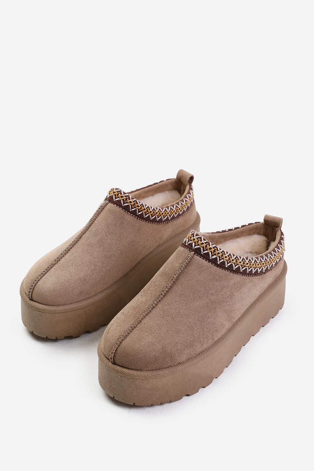 ALLEGRA FLATFORM EMBROIDERED LOW ANKLE SLIPPER BOOTS IN CAMEL SUEDE