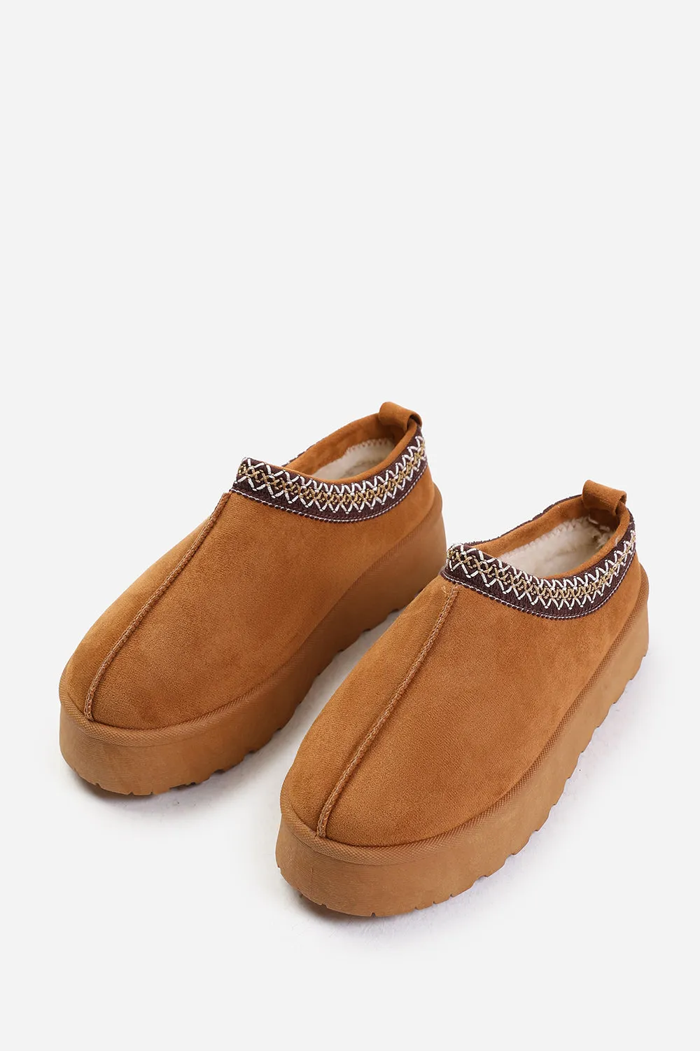 ALLEGRA FLATFORM EMBROIDERED LOW ANKLE SLIPPER BOOTS IN CHESTNUT SUEDE