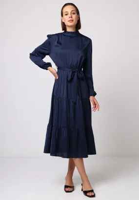 Angeleye Satin Tiered Midi Dress With Tie Waist In Navy