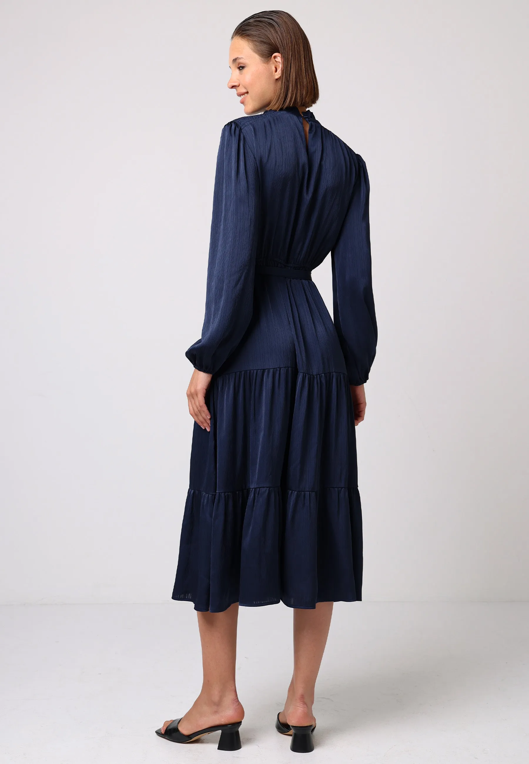 Angeleye Satin Tiered Midi Dress With Tie Waist In Navy