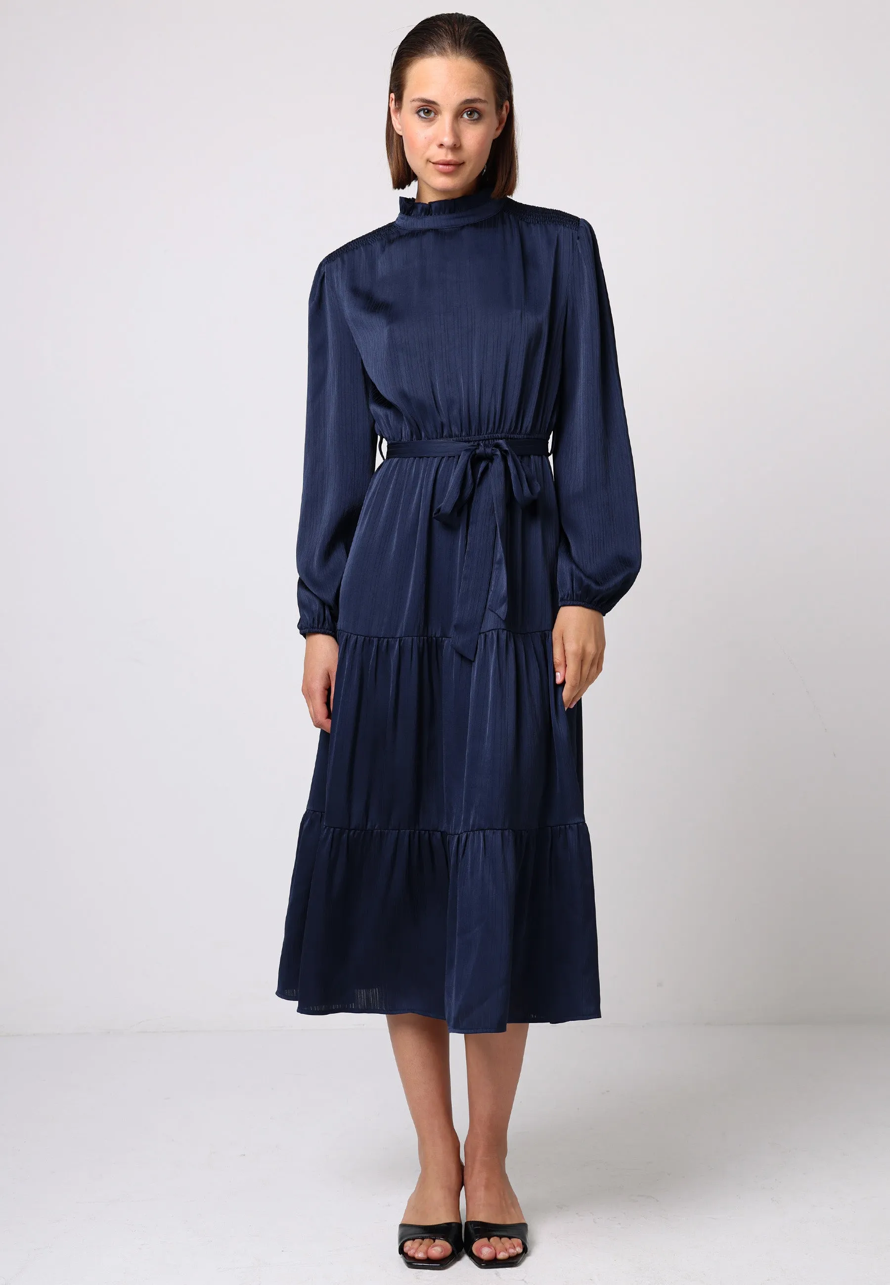 Angeleye Satin Tiered Midi Dress With Tie Waist In Navy