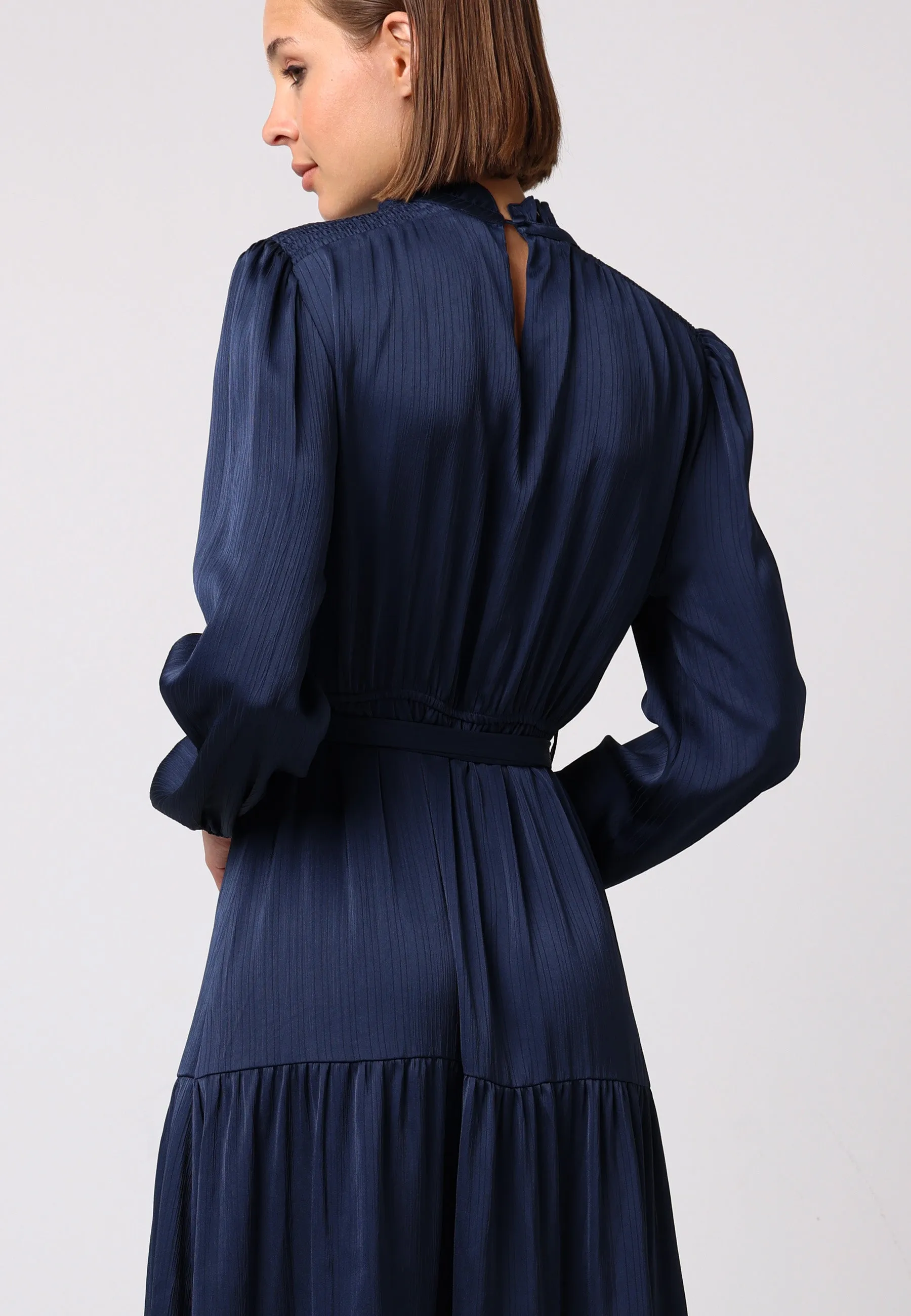 Angeleye Satin Tiered Midi Dress With Tie Waist In Navy