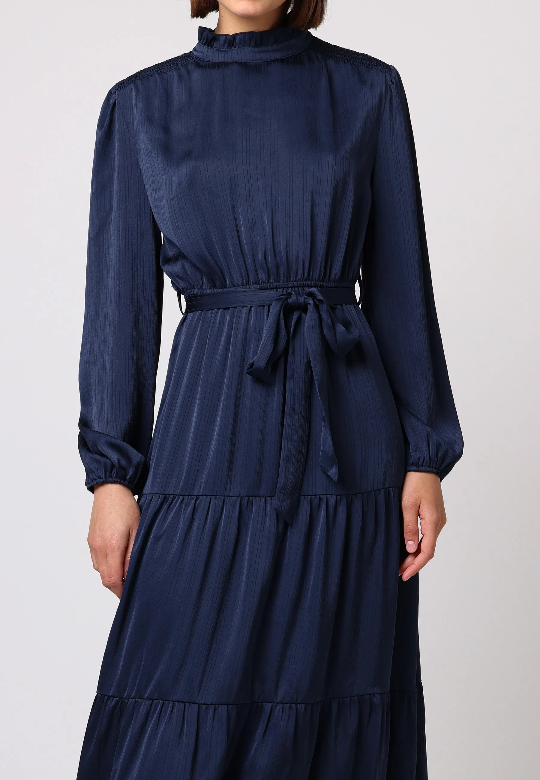 Angeleye Satin Tiered Midi Dress With Tie Waist In Navy