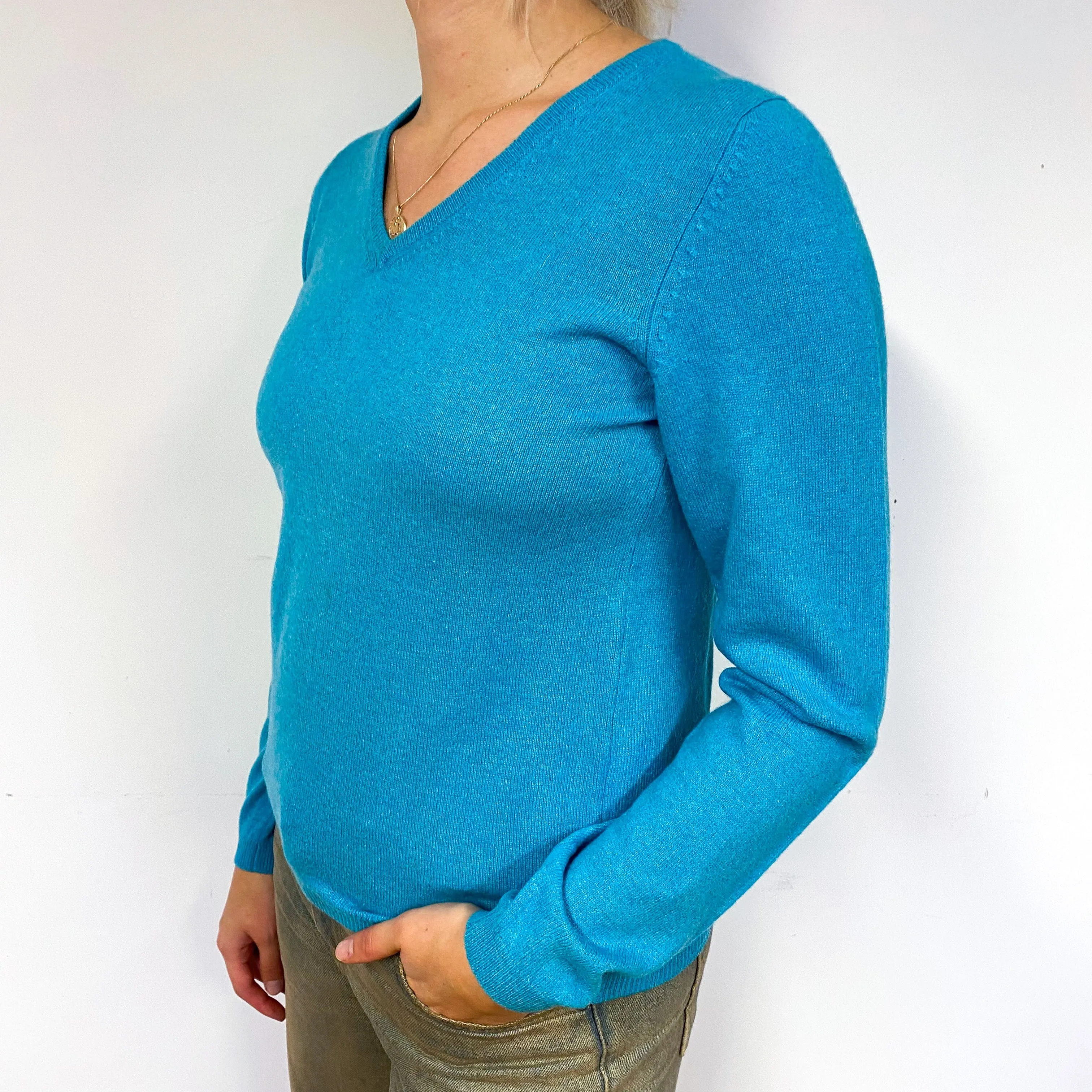 Aqua Blue Cashmere V Neck Jumper Small