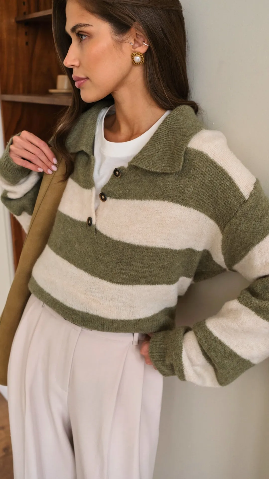 ARLO SWEATER - KHAKI OFF-WHITE STRIPES