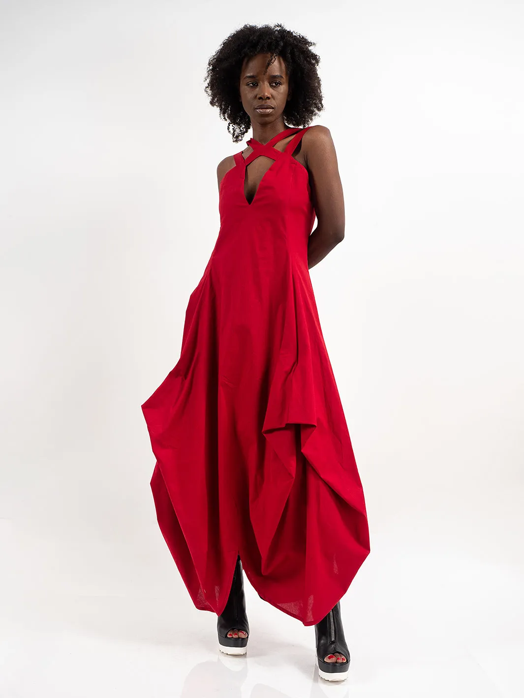 Asymmetric Long Cotton Dress In Red