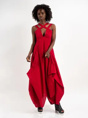 Asymmetric Long Cotton Dress In Red