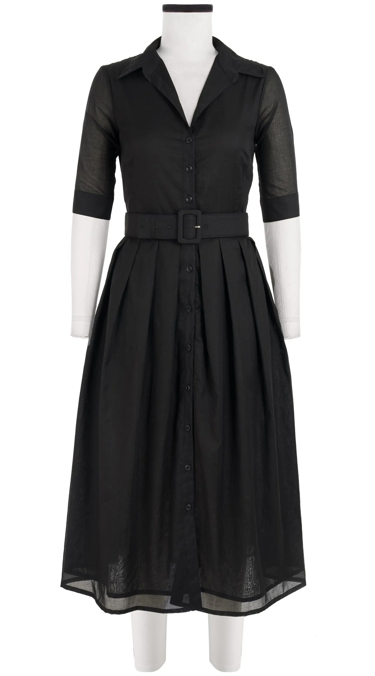 Audrey Dress #1 Shirt Collar 1/2 Sleeve Midi Length Cotton Musola_Solid_Black