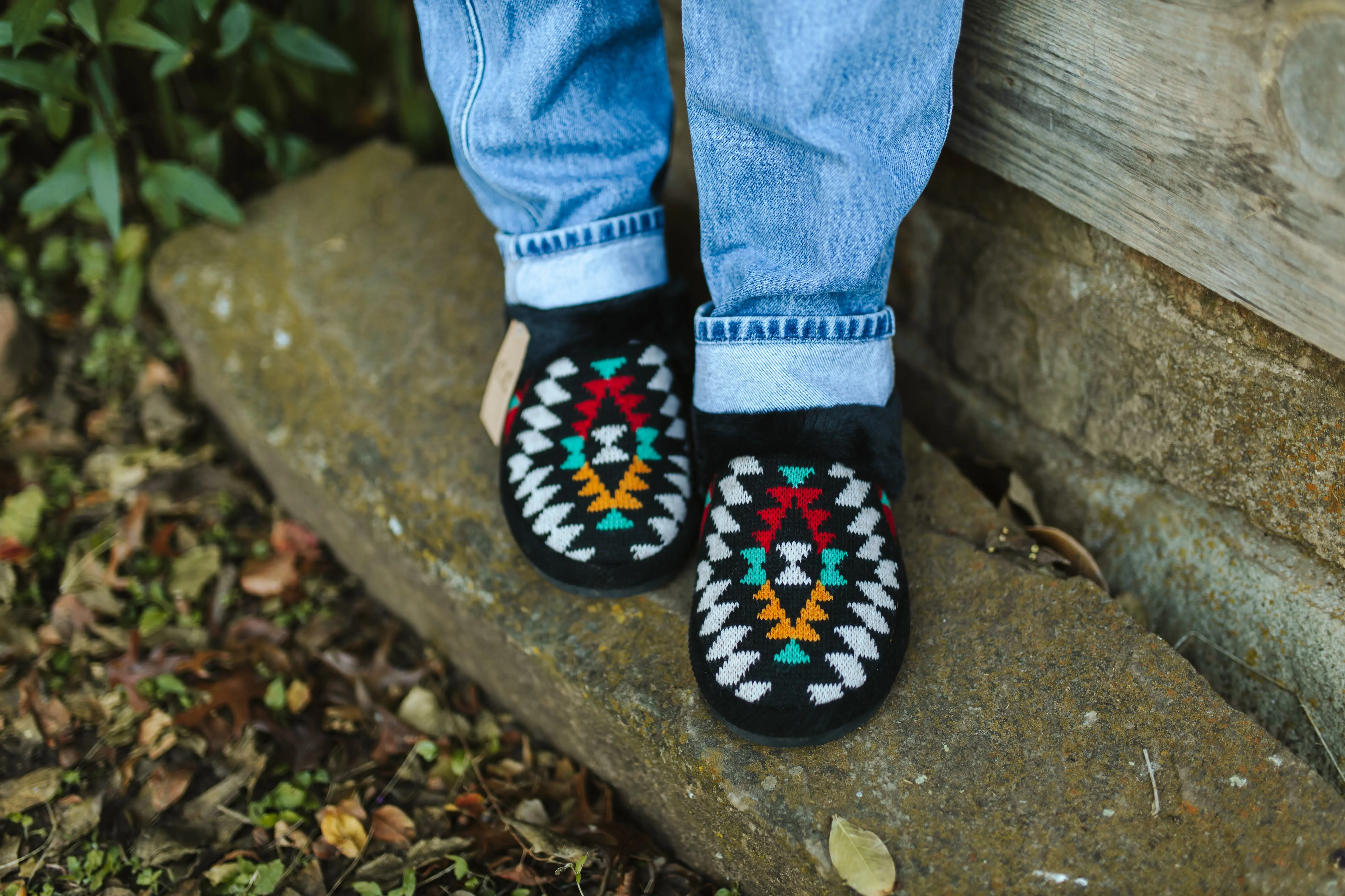 Aztec Knit Furry Slippers - Black