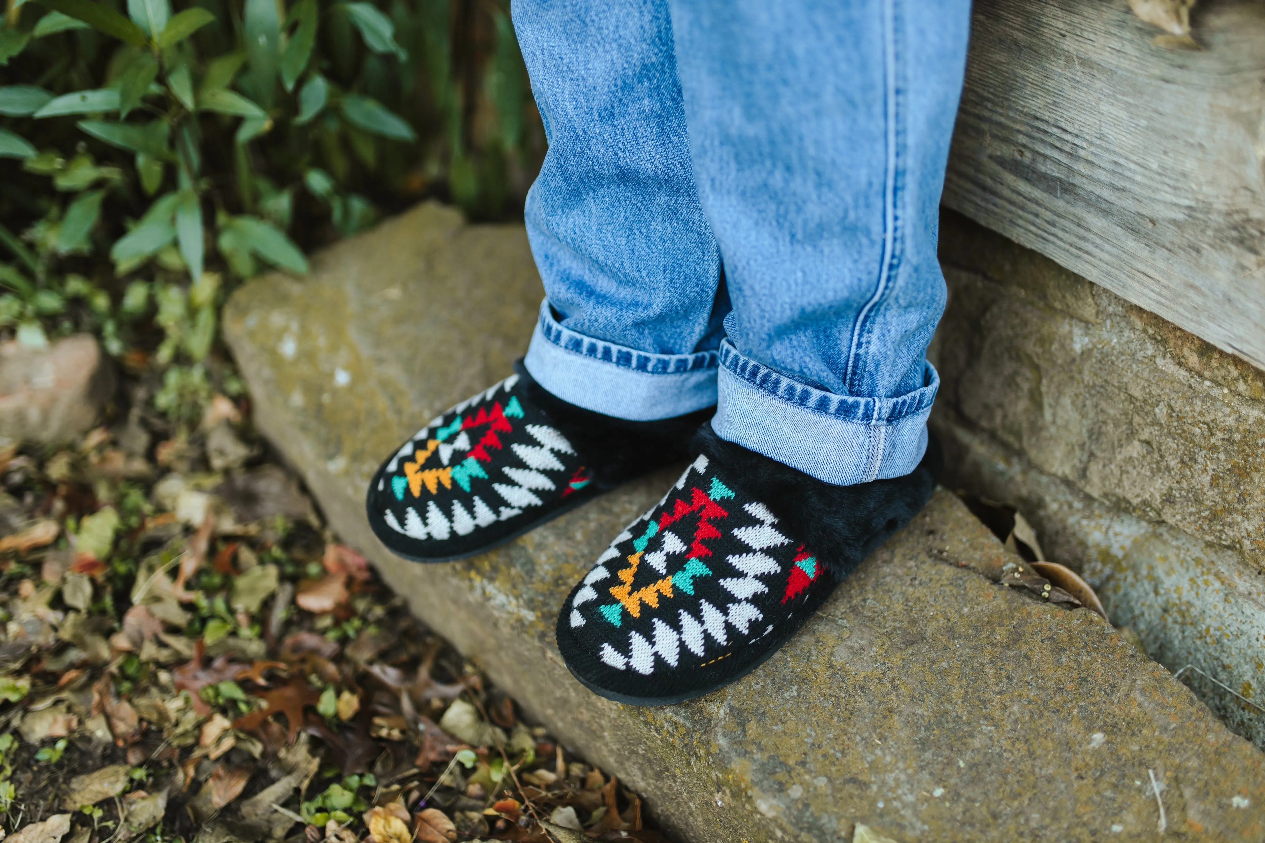 Aztec Knit Furry Slippers - Black