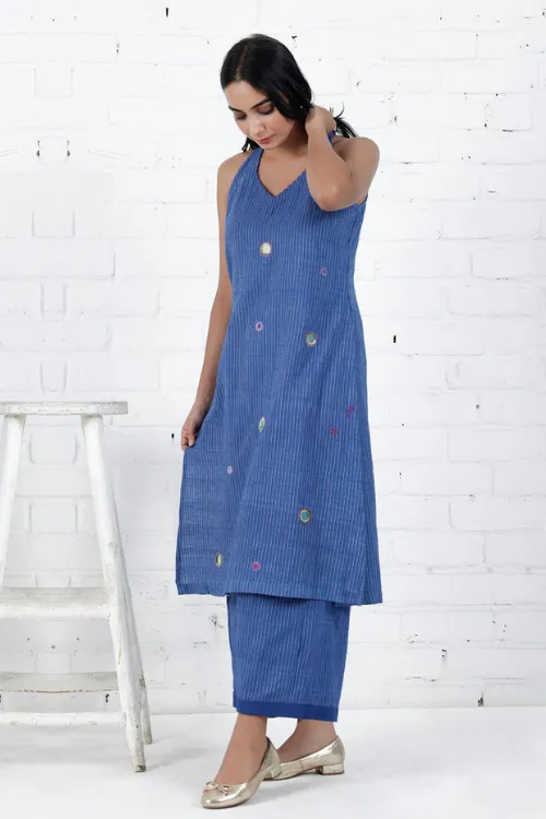 Bebaak Neera Blue Halter Neck Hand Embroidered & Handwoven Kurta Set