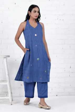 Bebaak Neera Blue Halter Neck Hand Embroidered & Handwoven Kurta Set