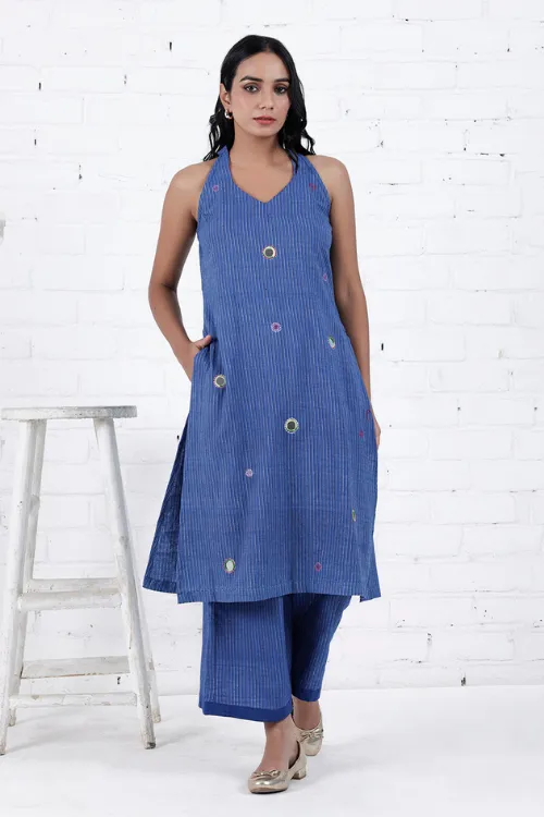 Bebaak Neera Blue Halter Neck Hand Embroidered & Handwoven Kurta Set