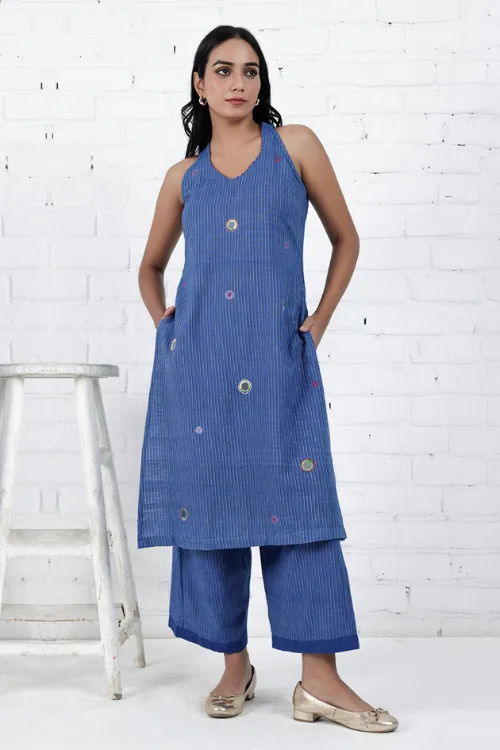 Bebaak Neera Blue Halter Neck Hand Embroidered & Handwoven Kurta Set