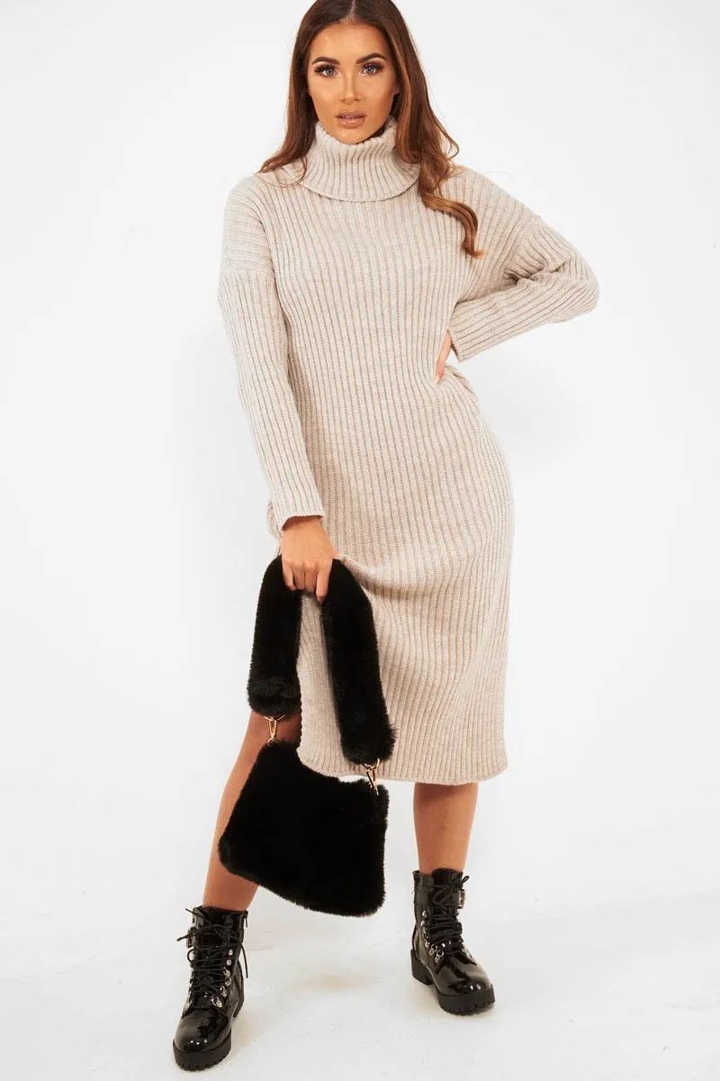 Beige Knitted Roll Neck Jumper Dress - Cecily