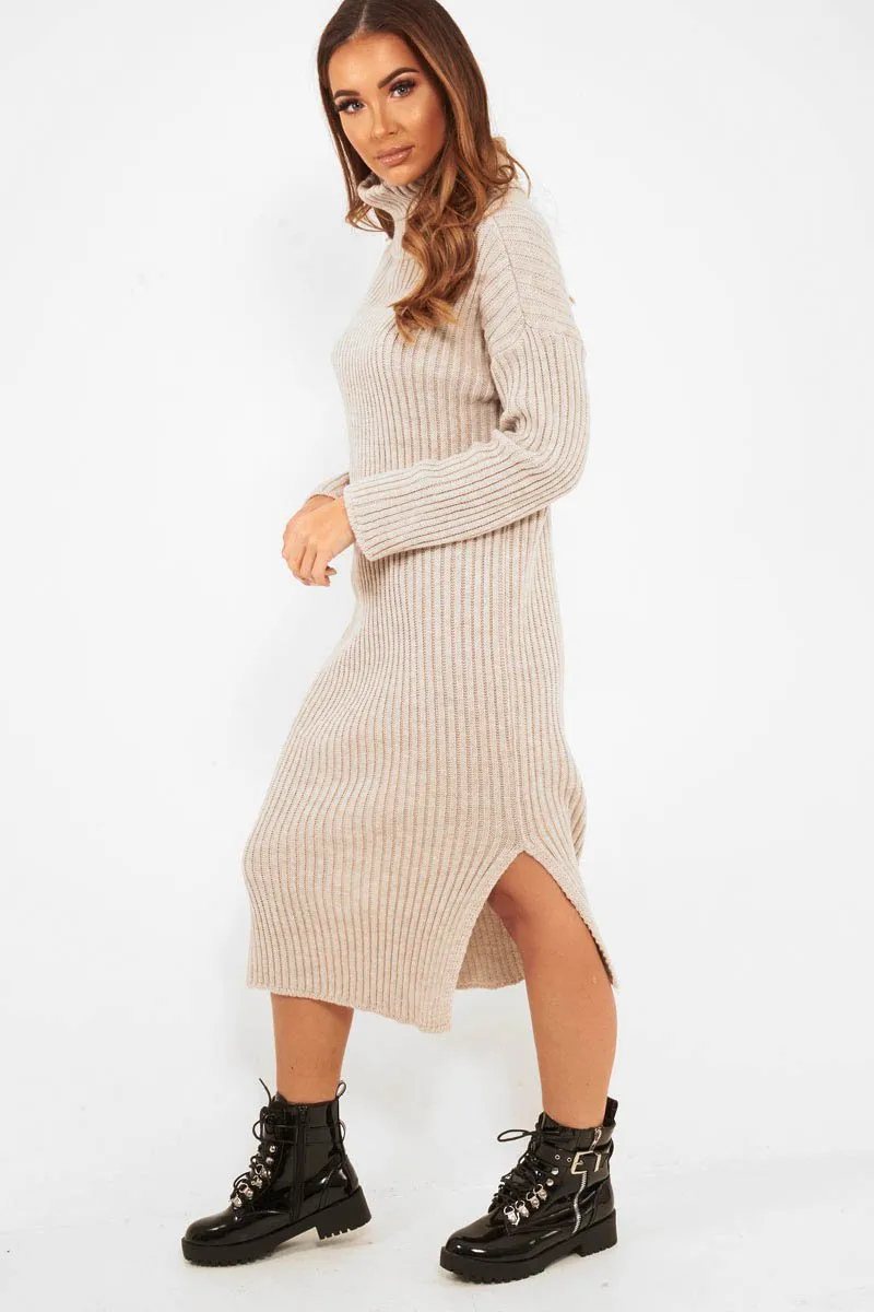 Beige Knitted Roll Neck Jumper Dress - Cecily