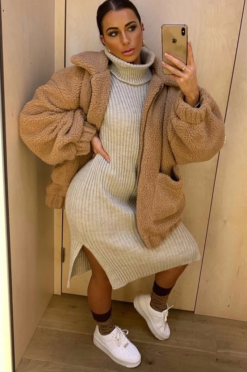 Beige Knitted Roll Neck Jumper Dress - Cecily