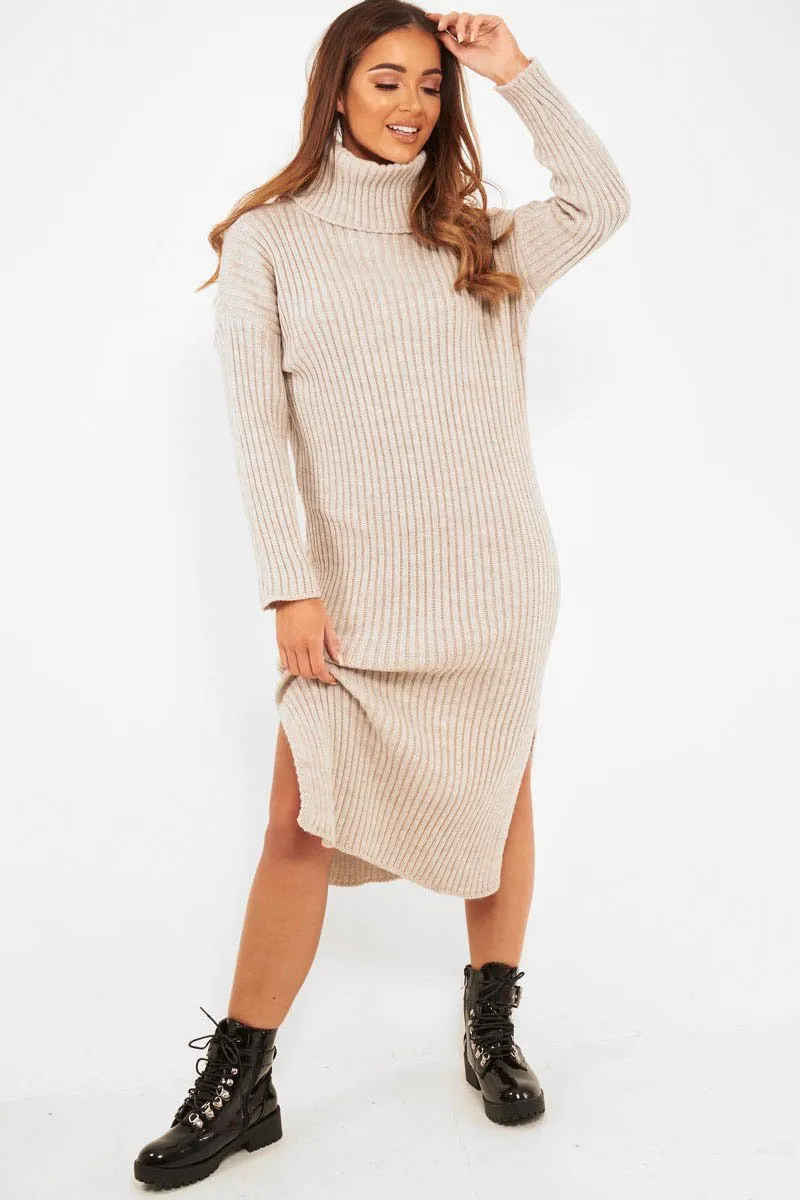 Beige Knitted Roll Neck Jumper Dress - Cecily