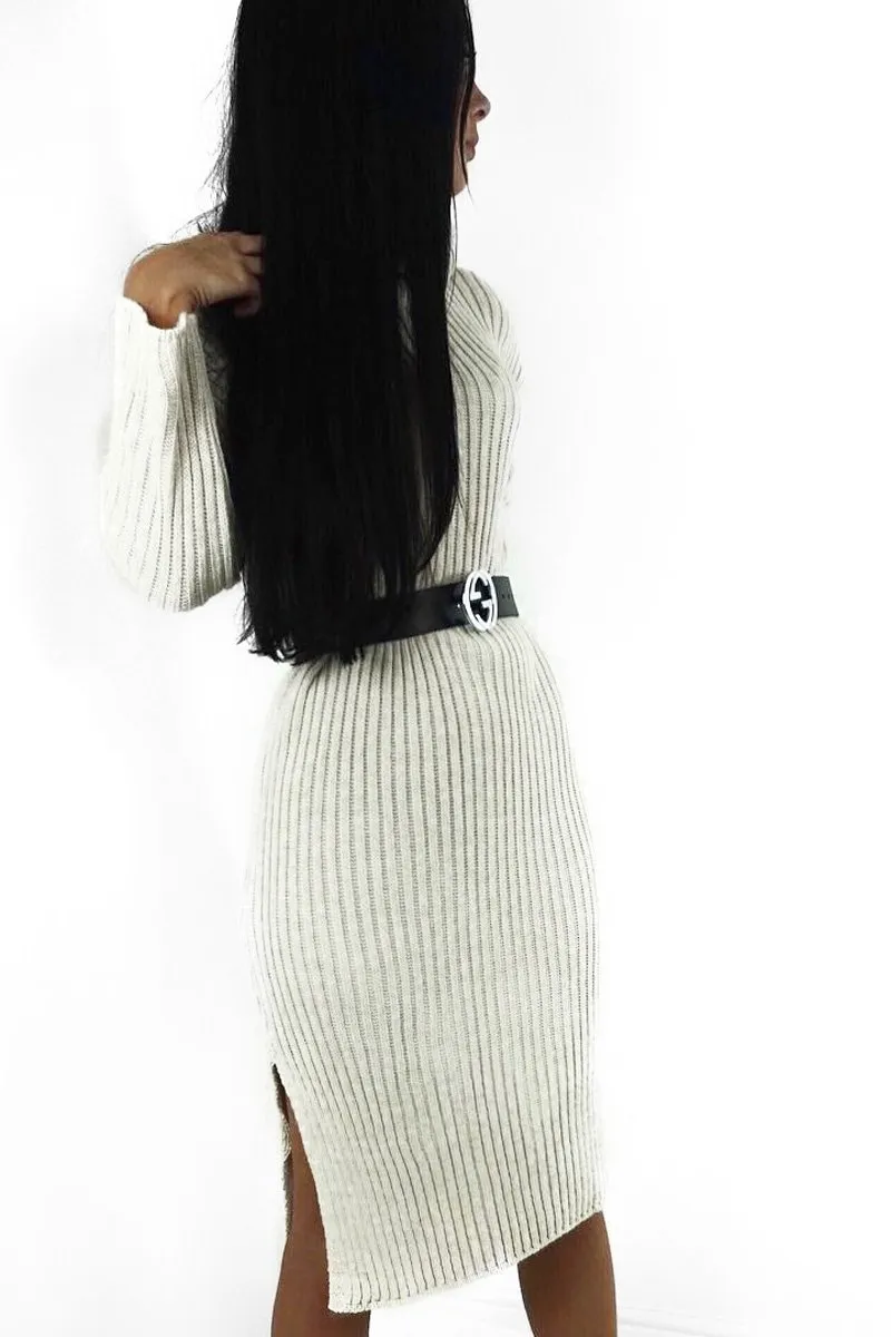 Beige Knitted Roll Neck Jumper Dress - Cecily