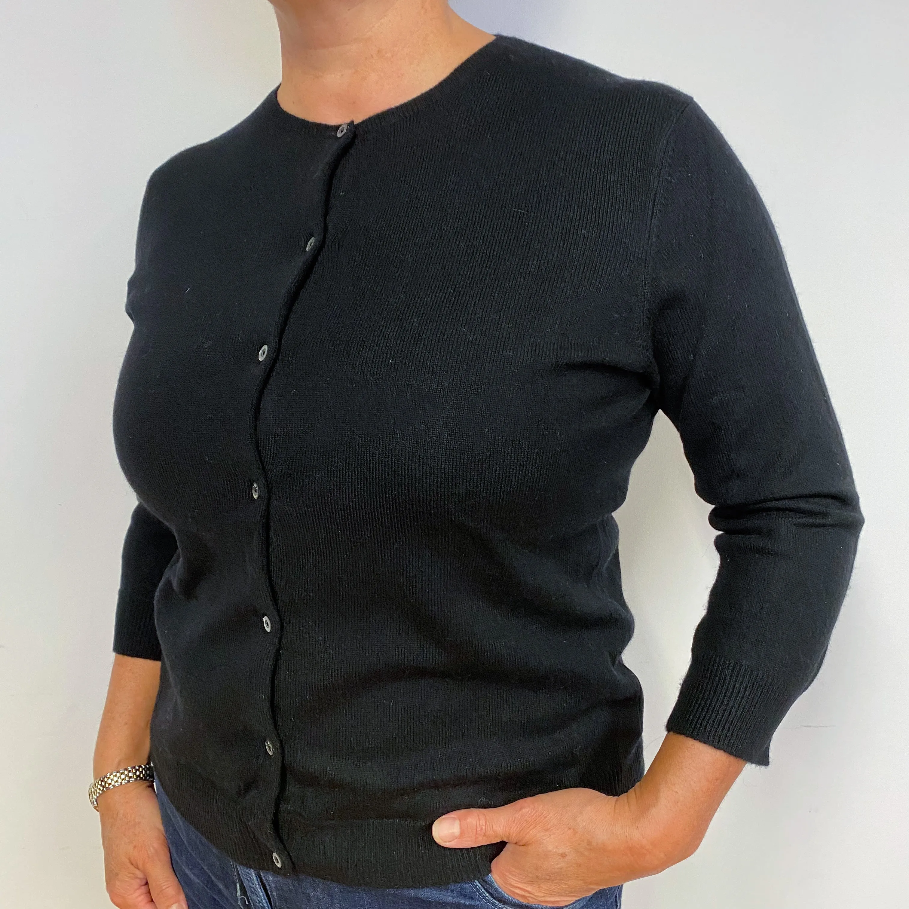 Black 3/4 Sleeved Cashmere Crew Neck Cardigan