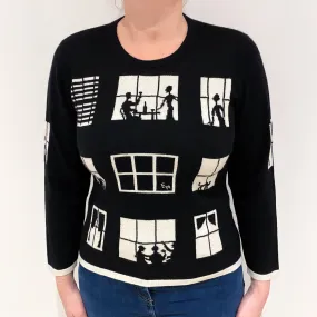 Black and Cream Window Design Cashmere Crew Neck Jumper Large