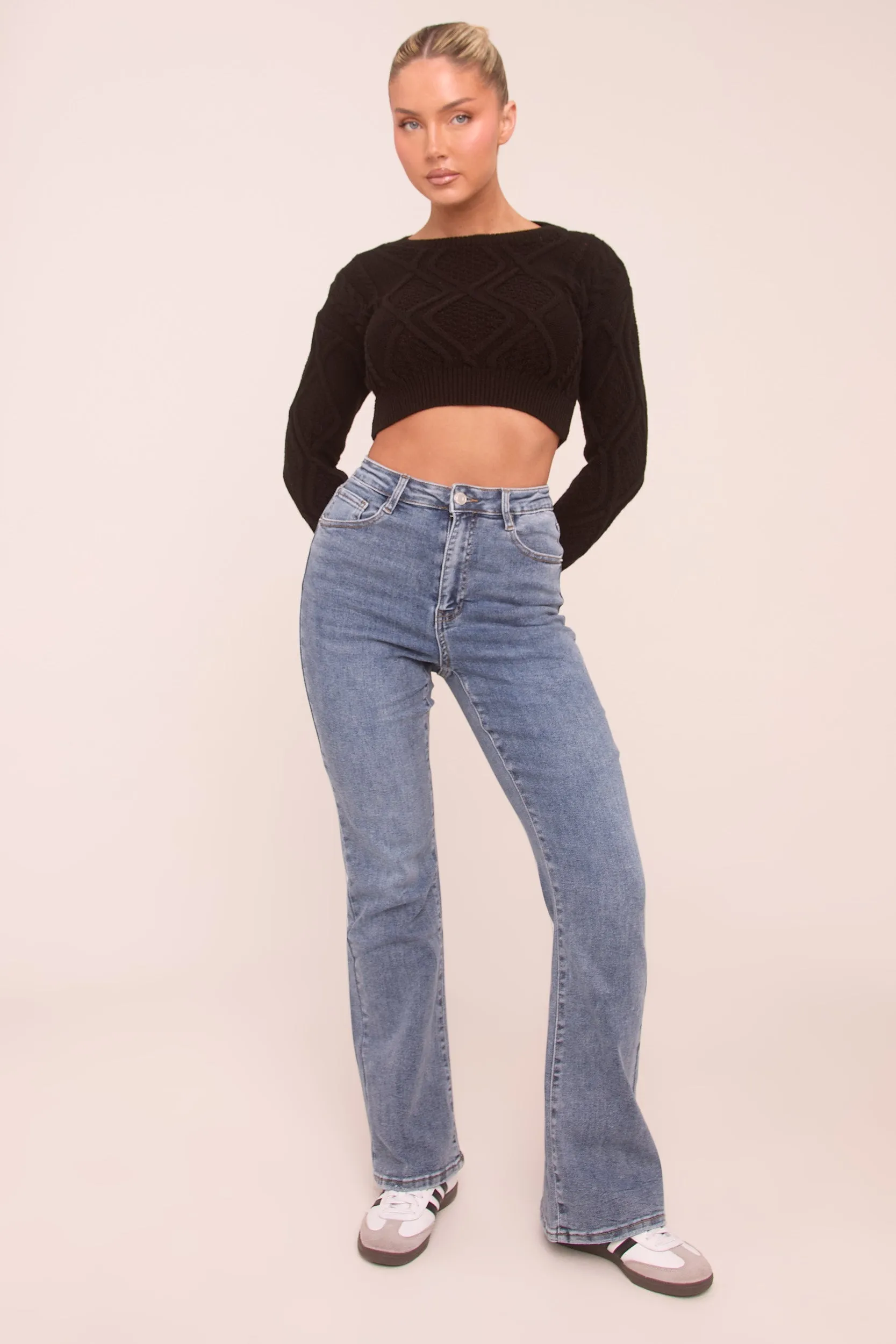 Black Cable Chunky Long Sleeves Cropped Jumper - Justyna