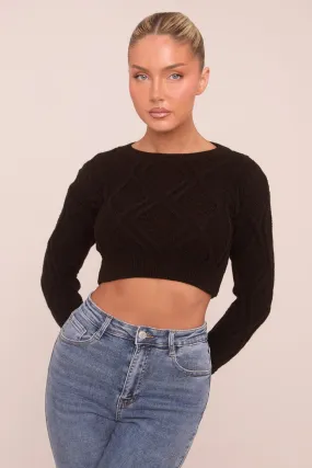 Black Cable Chunky Long Sleeves Cropped Jumper - Justyna