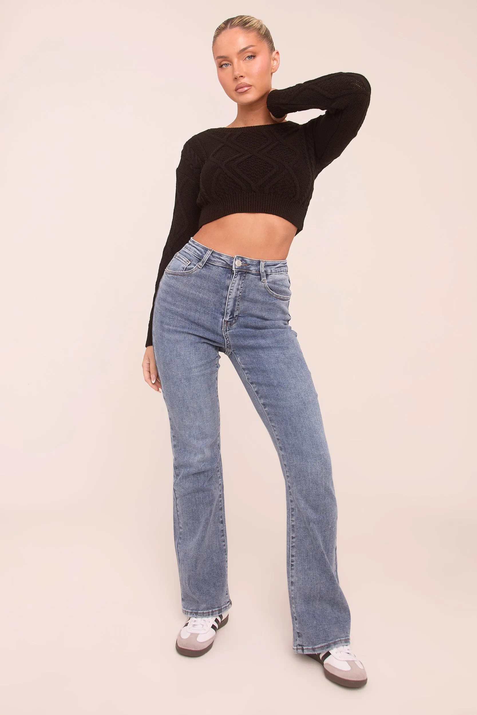 Black Cable Chunky Long Sleeves Cropped Jumper - Justyna