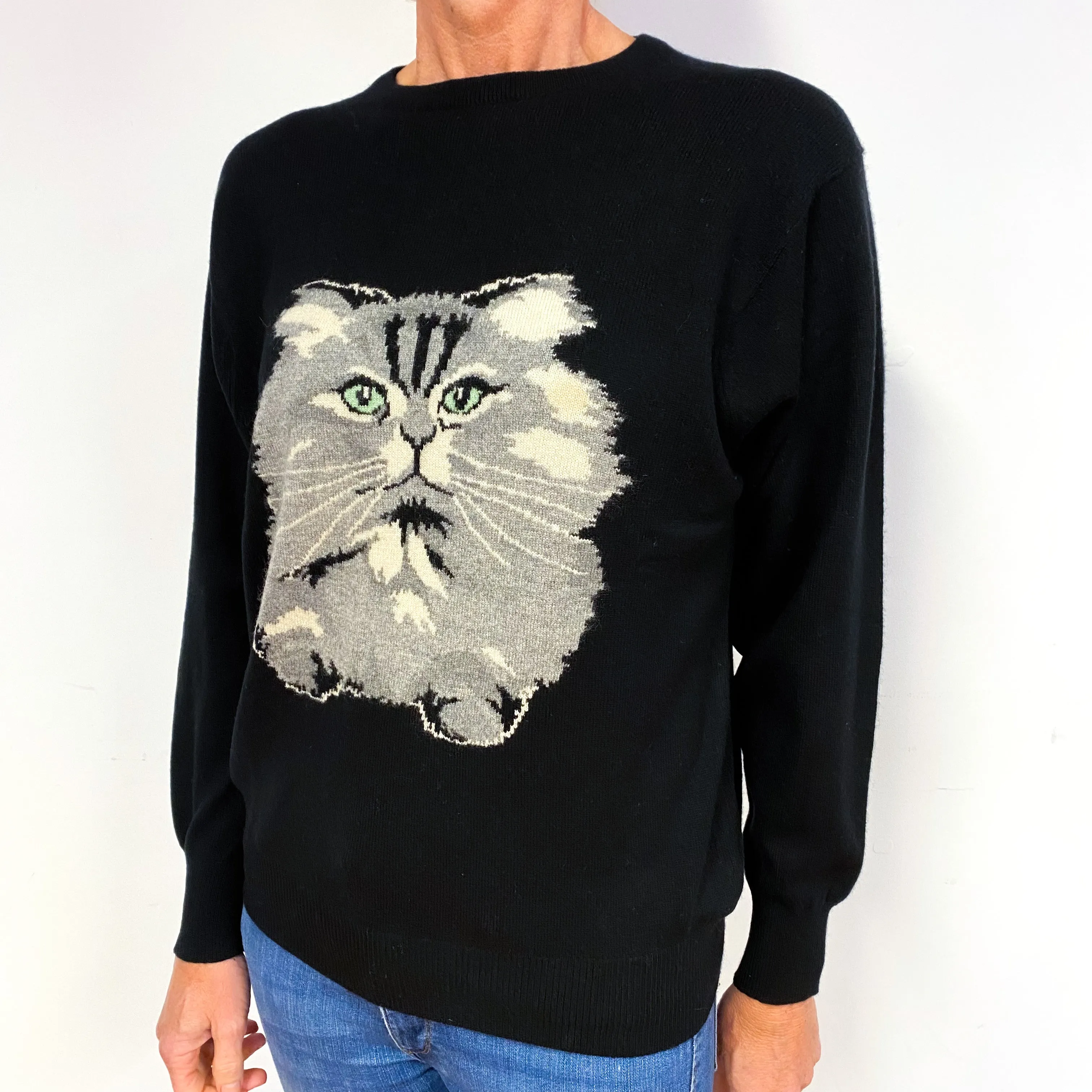 Black Cat Motif Cashmere Crew Neck Jumper Medium