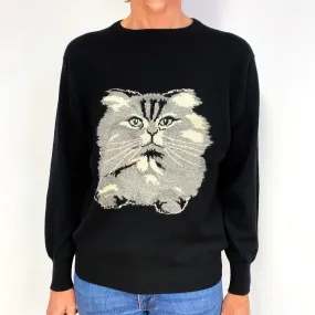 Black Cat Motif Cashmere Crew Neck Jumper Medium