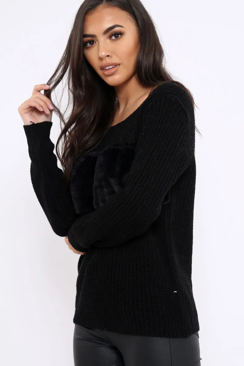 Black Chunky Knit Faux Fur Front Panel Jumper - Ophelia