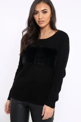 Black Chunky Knit Faux Fur Front Panel Jumper - Ophelia