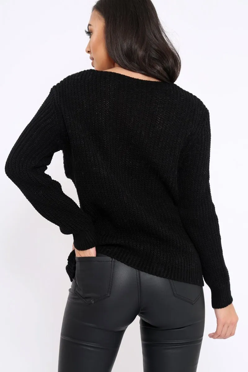 Black Chunky Knit Faux Fur Front Panel Jumper - Ophelia