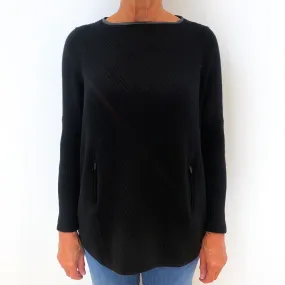 Black Chunky Rib Cashmere Crew Neck Jumper with Pockets Medium