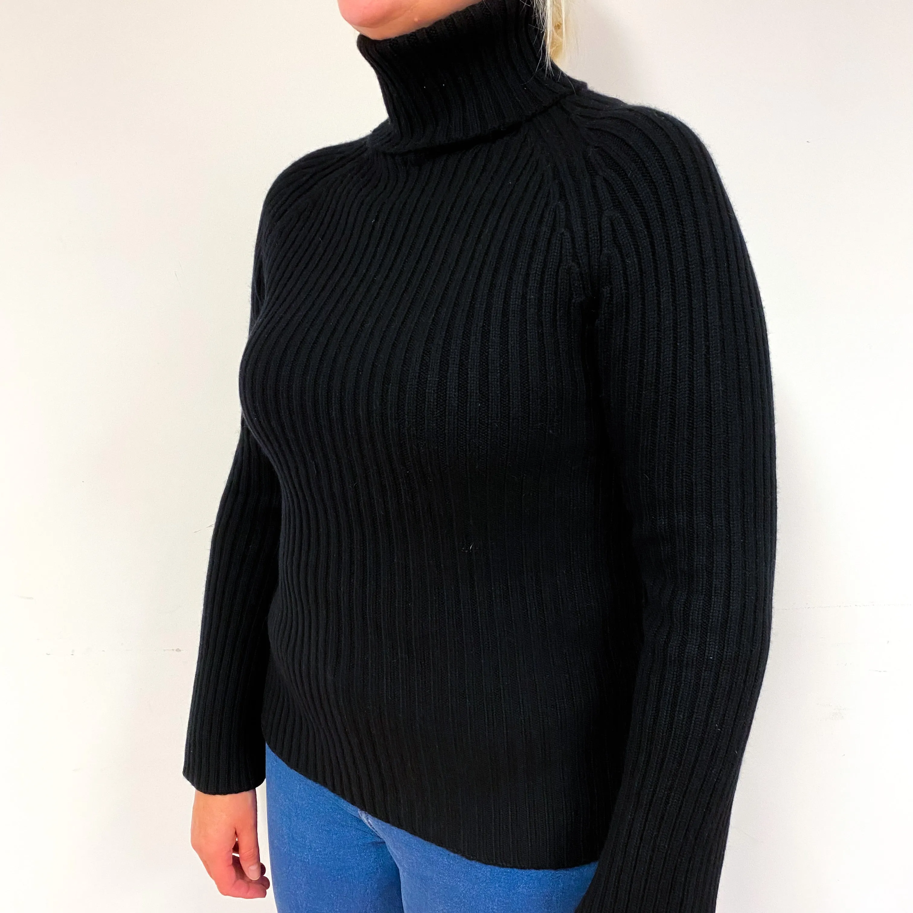 Black Chunky Rib Cashmere Polo Neck Jumper Large