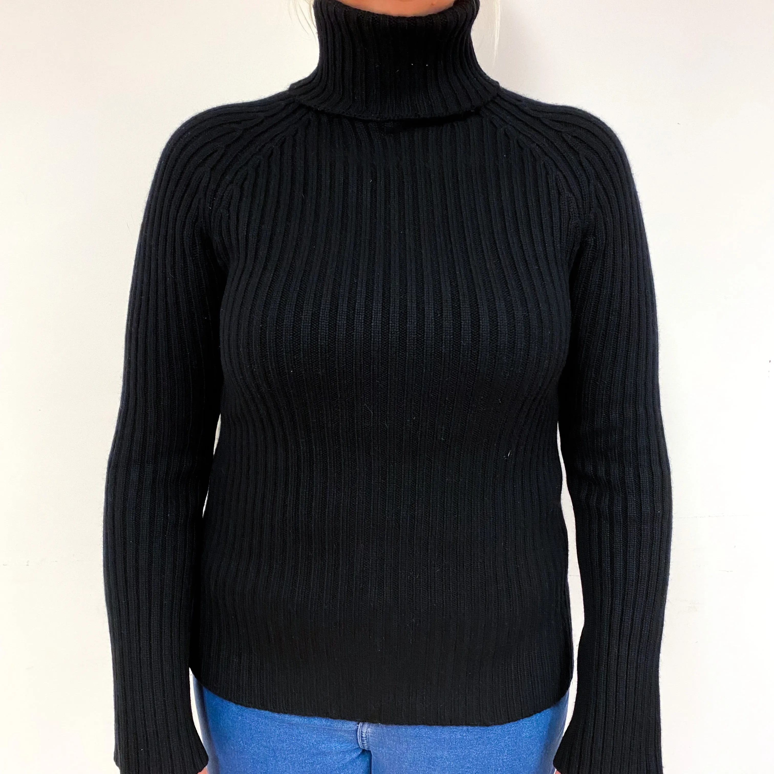 Black Chunky Rib Cashmere Polo Neck Jumper Large